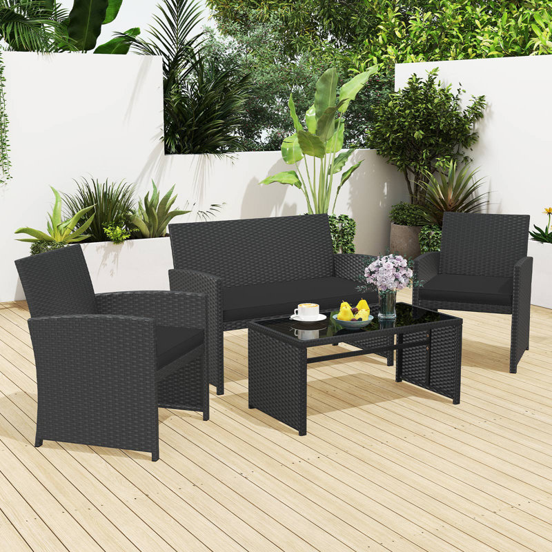 Set of 4 Patio Conversation Set w/Seat Cushions & Tempered Glass Tabletop Porch Outdoor, Black