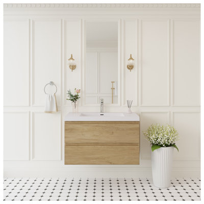 Meuble-lavabo flottant 36 po avec surface solide et tiroirs à fermeture en douceur, finition chêne naturel