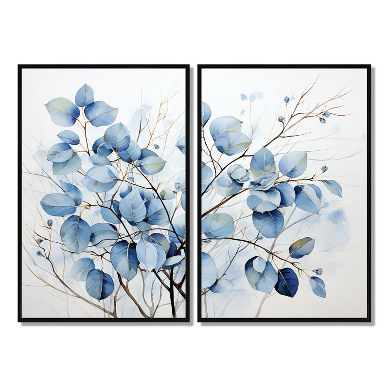 "Sureau", art traditionnel bleu sur toile, Impression encadrée flottante, Noir, H 36 po x l 48 po