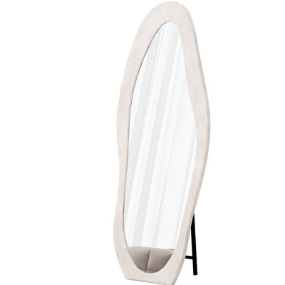 63" X 24" Full Body Mirror, Flannel - Covered Frame, Irregular Wavy Style, Shatterproof Tempered Glass, For Corridor, Dressing Room, And Home Decor Standing Length Wrapped Design, Shatter Proof White