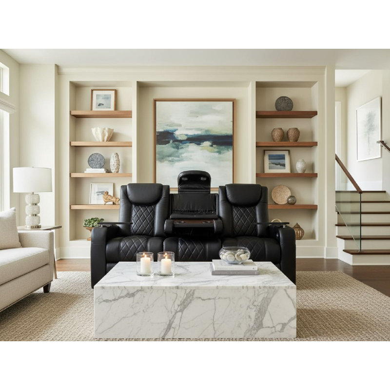 Azure Upholstered Power Reclining Home Theater Seating with Cup Holder, Black Genuine Leather