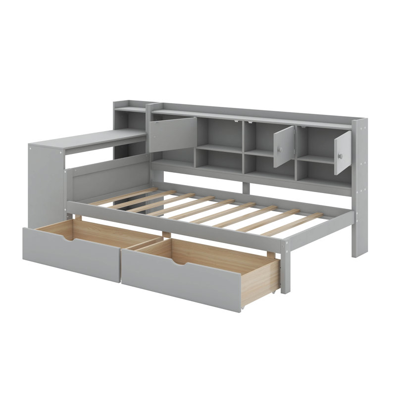 Lit de jour simple avec armoires et tiroirs, Gris