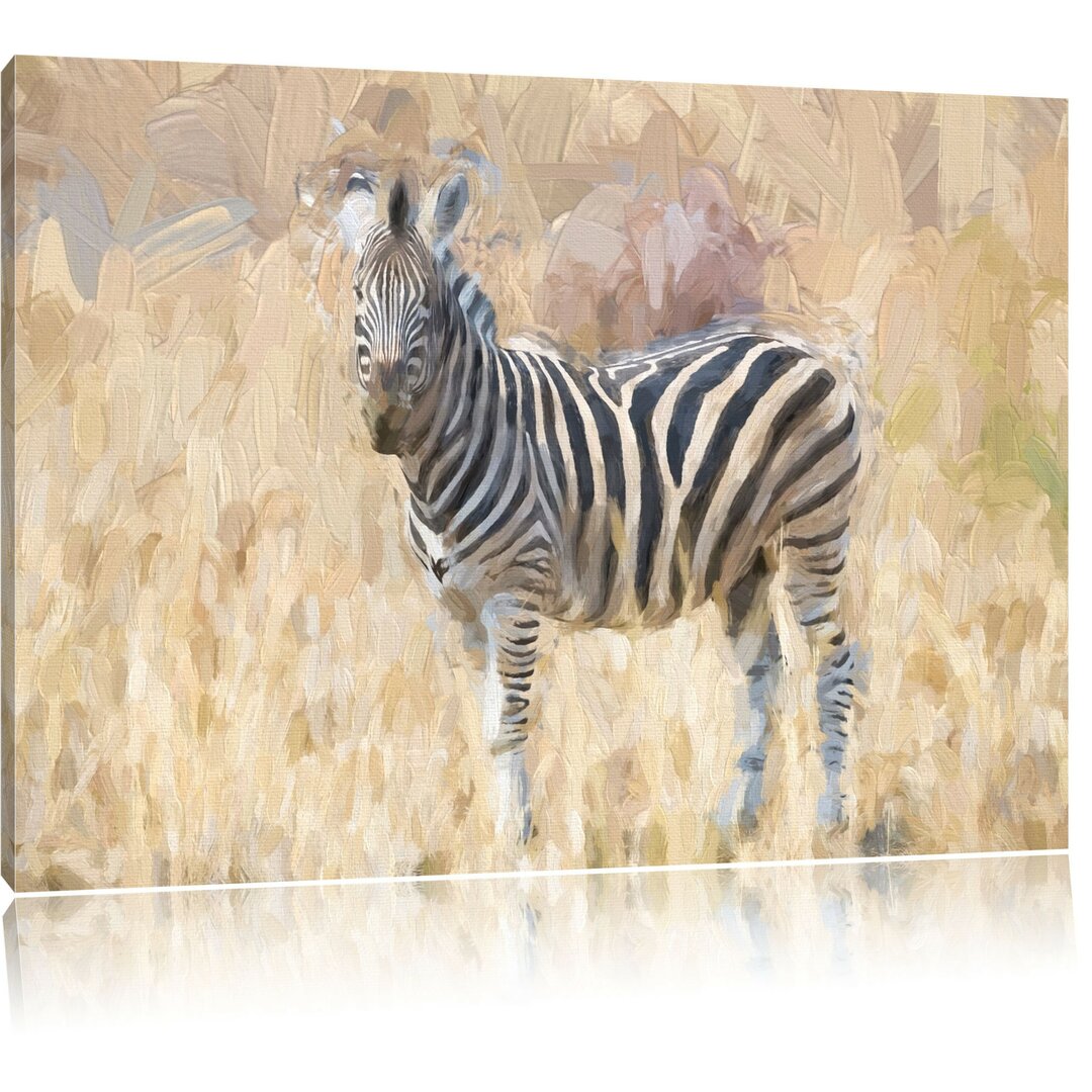 Leinwandbild Zebra im Wildgras in Creme/Schwarz