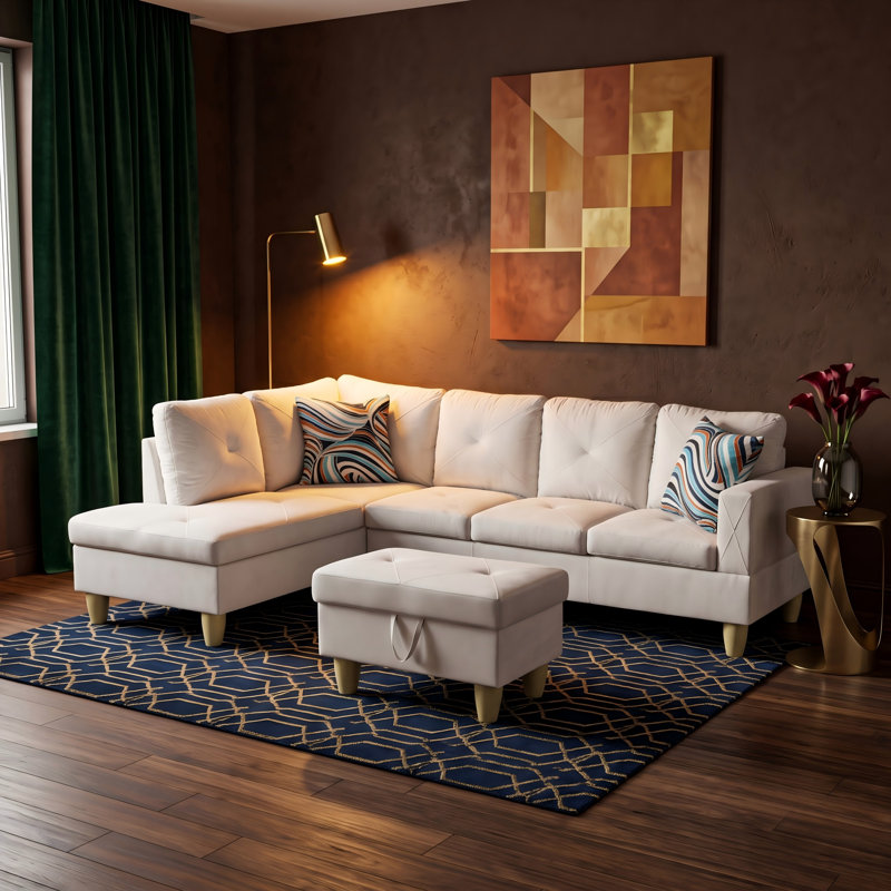 Canapé modulaire rembourré réversible avec repose-pieds, White Flannel, Left Hand Facing
