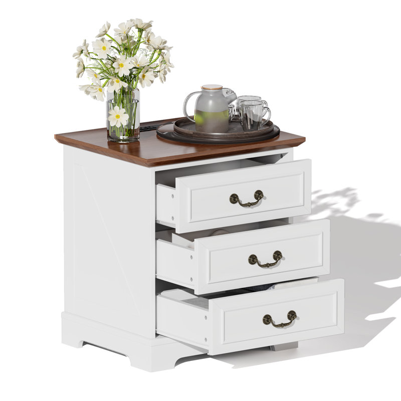 Nightstand With Charging Stand And 3 Drawers & Antique Handles, Brown/White