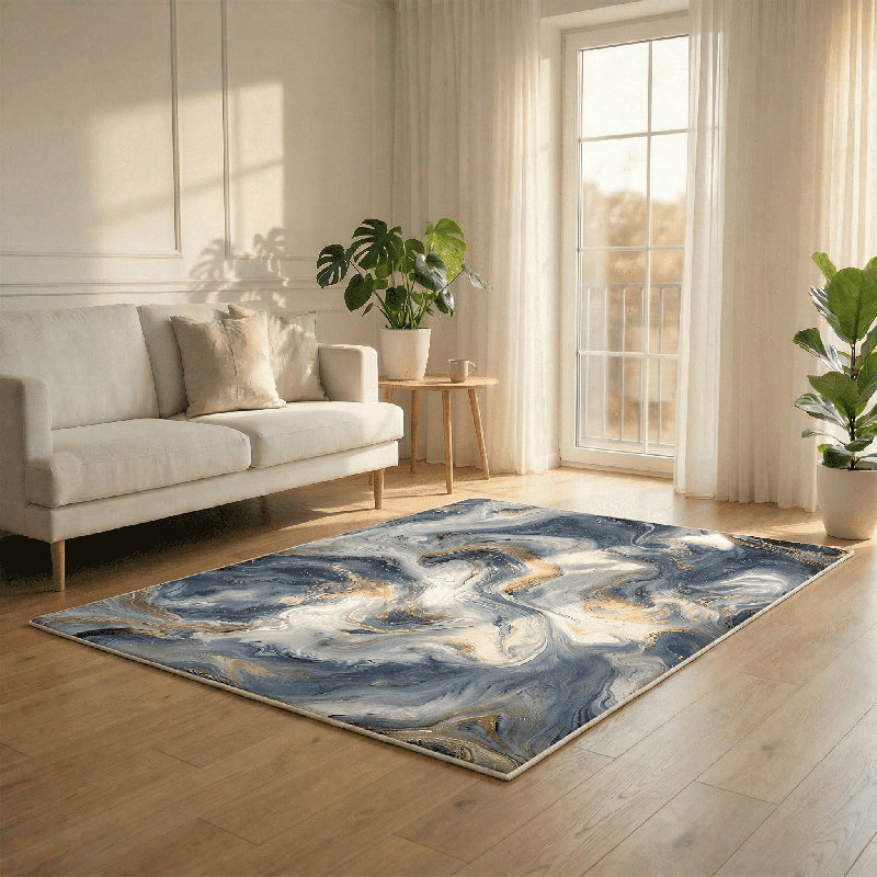 Abstract Blue Marble Area Rug 5x7 Machine Washable with Non-Slip Backing for Bedroom Living Room, Blue