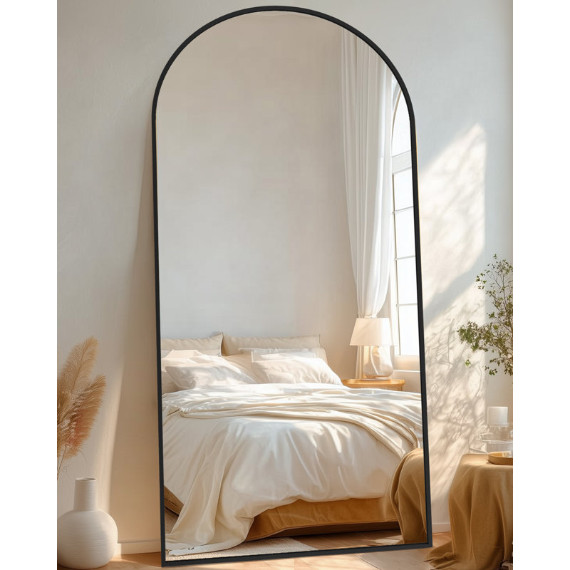 Miroir de plancher noir arqué avec support, miroir autoportant de 38 po x 77 po pour chambre à coucher, 76 po x 34 po, Noir