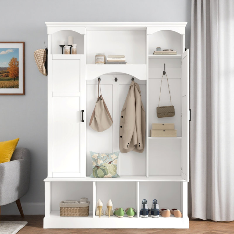 Modern Hall Tree With Adjustable Shelves, Side Cabinets, Top Compartments And Hooks, White