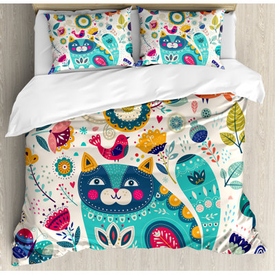 Cat Traditional Floral Duvet Cover