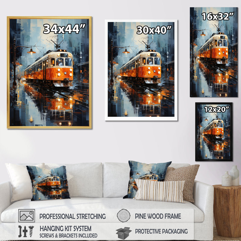 " Orange White Train Journey ", 20" H x 12" W x 1" D, Gold Picture Framed