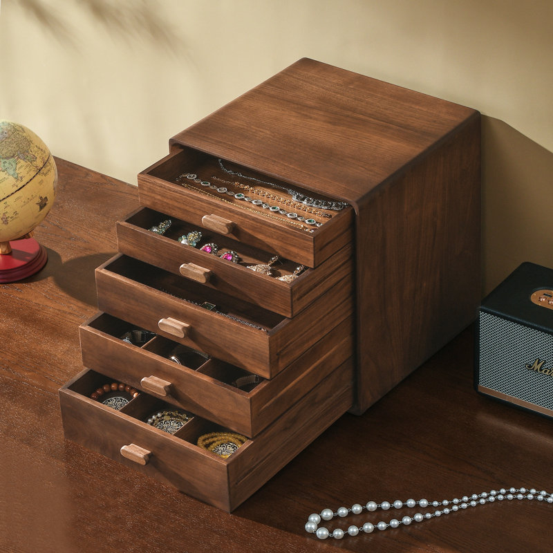Black Walnut Wooden Desk Organizer with 5 Drawers,Desktop Storage for Office Supplies,Jewelry,Cosmetics , Wooden