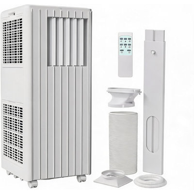 Climatiseur portatif 4 en 1 8 000 BTU, unité CA 50dB ultra-silencieuse avec déshumidificateur, ventilateur et mode veille, 2 vitesses, télécommande, ensemble de fenêtre, refroidit jusqu'à 350 pieds carrés, blanc