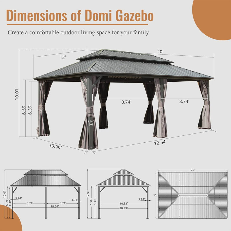 12' X 20' Hardtop Gazebo, 120" H x 240" W x 144" D, Gray