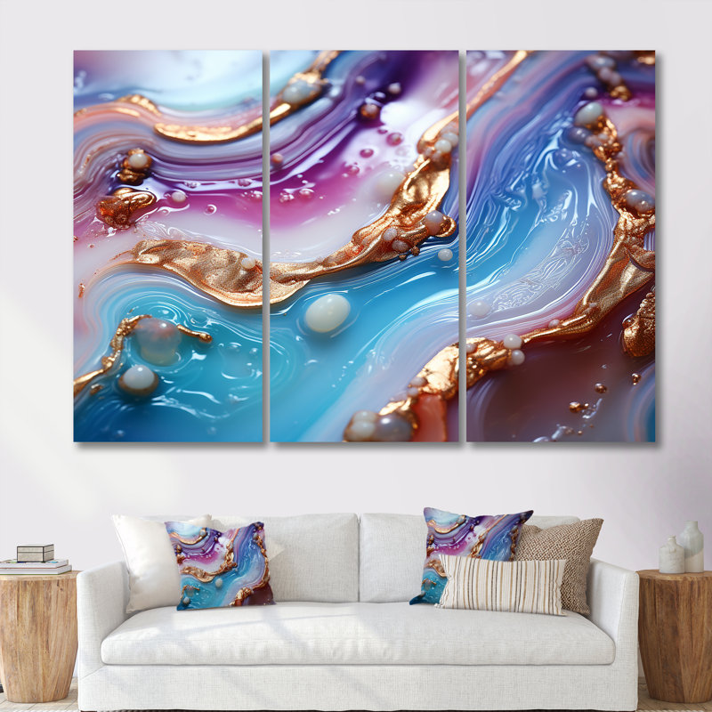 Opulent Agate Azure Dreams Glam - ensemble de reproductions d'art mural en marbre, Toile tendue, H 28 po x l 36 po x P 1 po