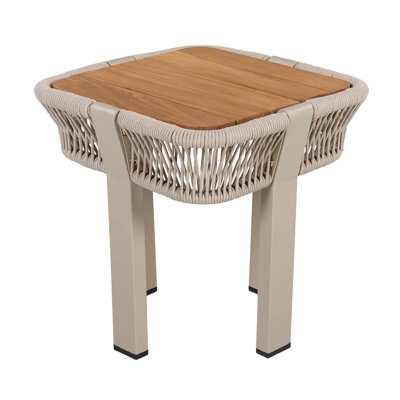 Table d'appoint en bois d'acacia au fini teck, capacité de 120 lb, corde beige et structure en métal, idéale pour l'extérieur et l'intérieur