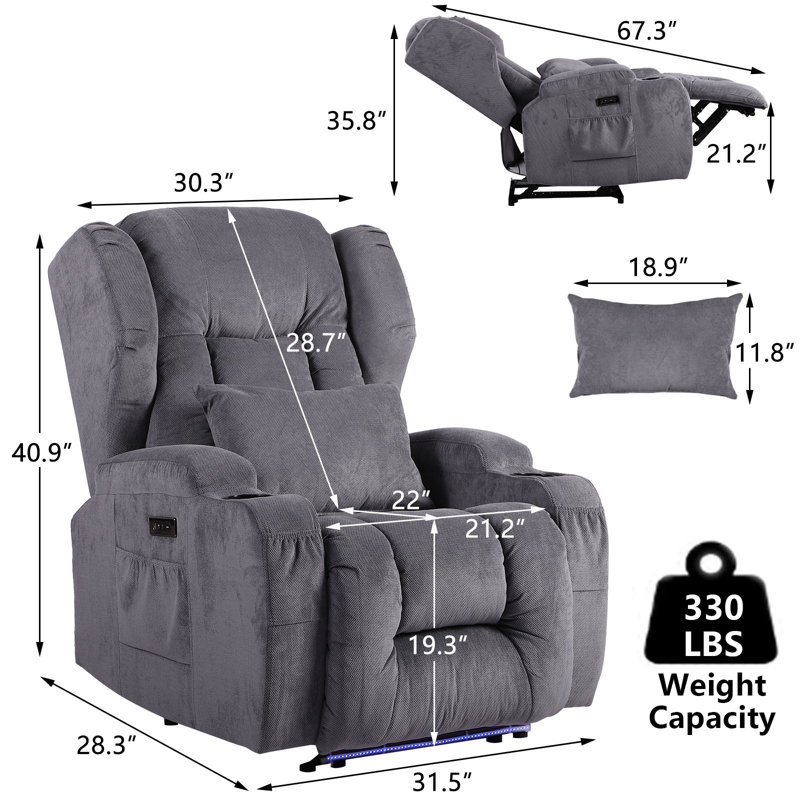 Fauteuil inclinable électrique avec massage et chaleur, fauteuil inclinable de cinéma maison avec lumière ambiante, fauteuil inclinable électrique avec port USB, porte-gobelets, poche latérale