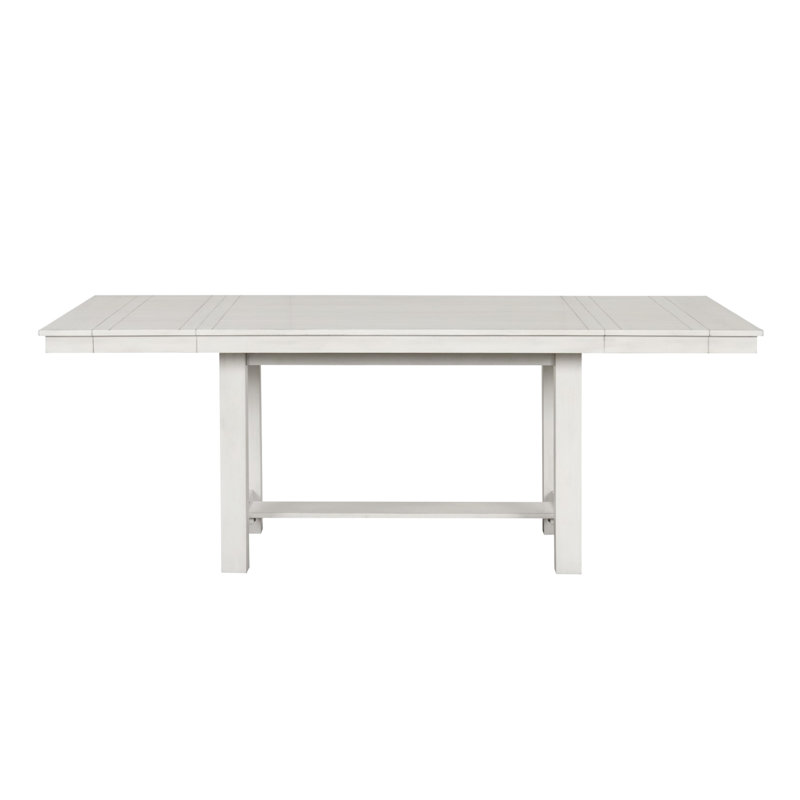 Table de salle à manger rectangulaire transitionnelle en chêne blanc rustique avec structure en bois d'hévéa, rallonge