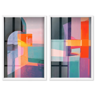 Dynamic Color Blocks Shadowbox Print Modern Abstract Art Set by Art Remedy, White Frame, 36 x 54