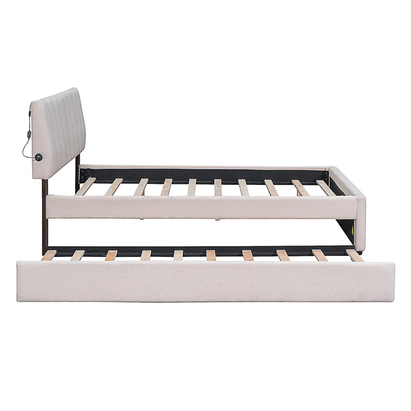 Lit plateforme tapissier avec lit gigogne double Teddy, Beige, Lit double