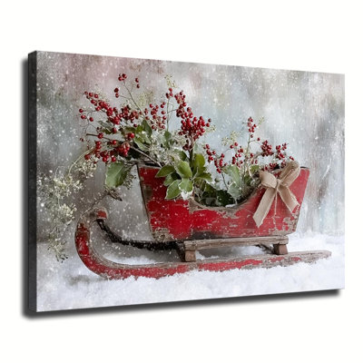 Art rétro traîneau de Noël rouge avec baies d'hiver, grande reproduction d'art sur toile tendue pour salon, chambre à coucher