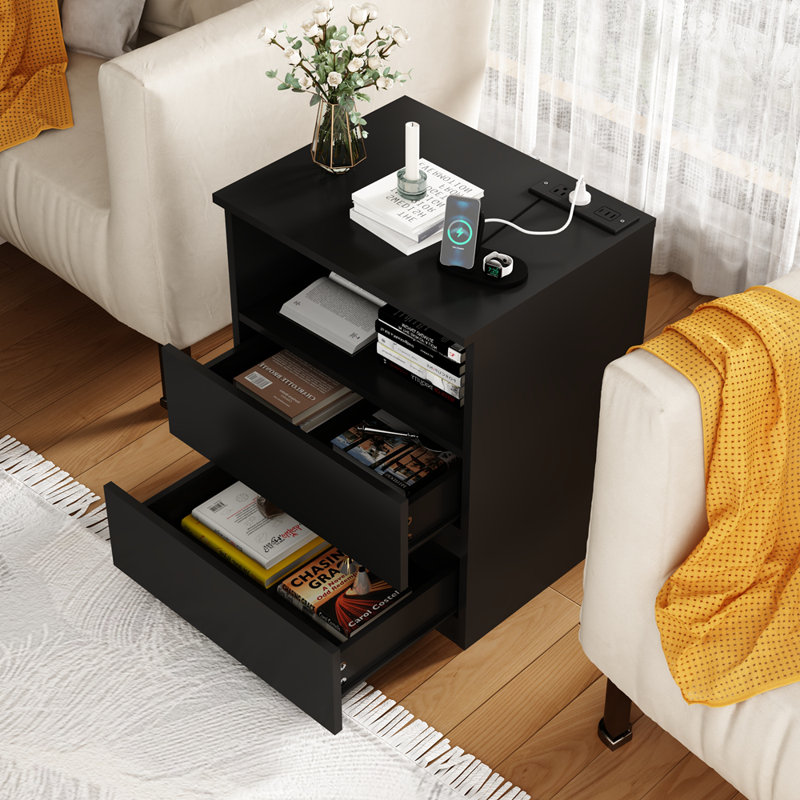 Table de bout avec station de charge USB C rapide, table d'appoint avec canapé à 2 tiroirs, grande armoire de rangement moderne en bois