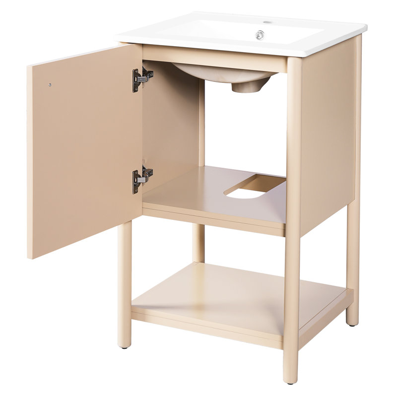 Meuble-lavabo de 20 pouces de style français, lavabo en céramique, porte simple autoportante à fermeture douce, conception compacte pour petites salles de bain, poignées rétro, sculptures à rayures délicates, lavabo lisse, 1,37 po