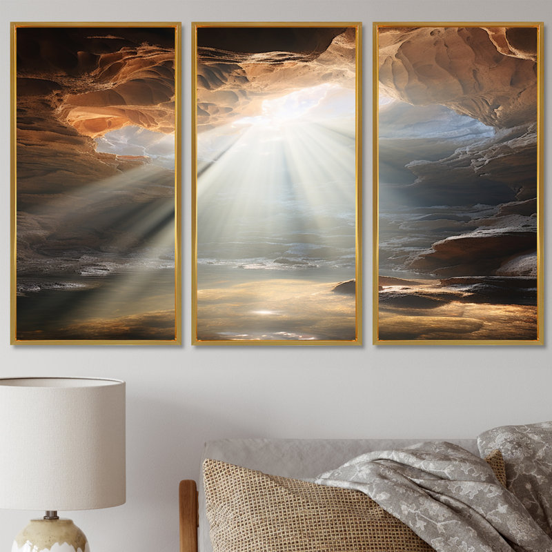 «God Rays Sunshine In The Cave By The Ocean», ensemble de salon Art mural, Cadre flottant doré, H 32 po x l 48 po x P 1 po