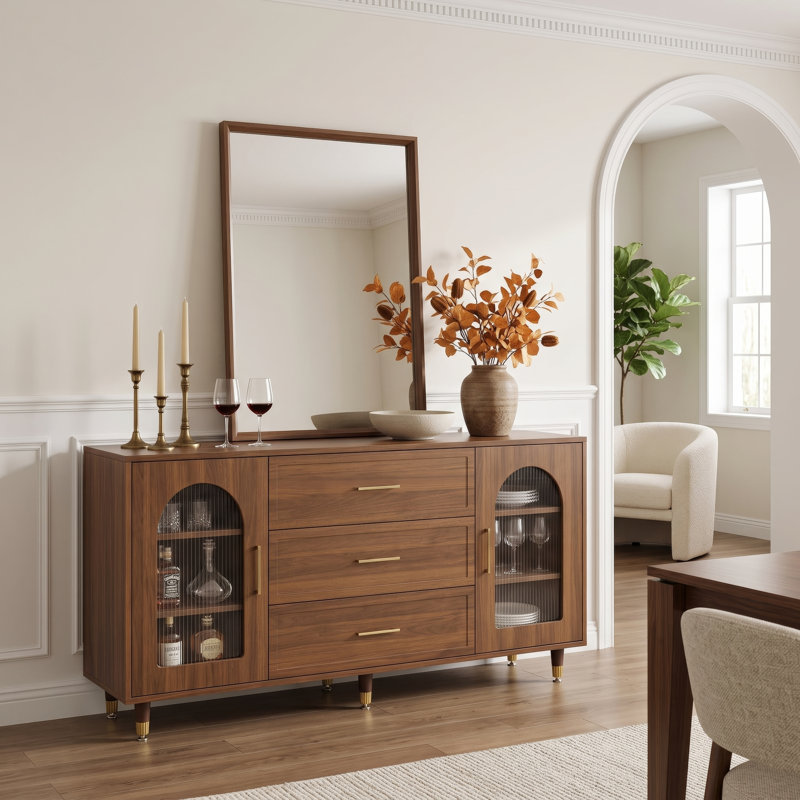 Buffet/meuble de rangement de style moderne du milieu du siècle, en MDF brun à grain de bois, 150 cm