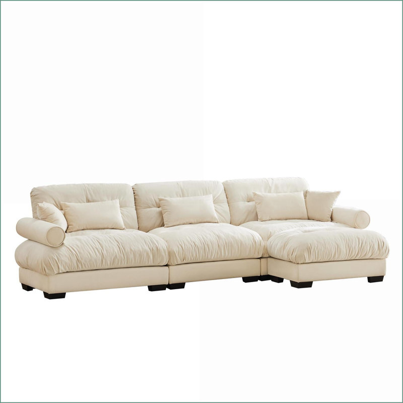 Sectional Sofa, Convertible L-Shaped Modular Velvet with Movable Ottoman &amp; Bolstered Armrests for Living Room | Cream