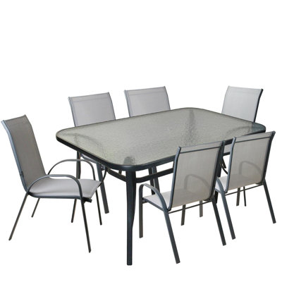 7pc Gray and Black Outdoor PVC-Coated Polyester Mesh and Steel Patio Dining Set - 58.75"