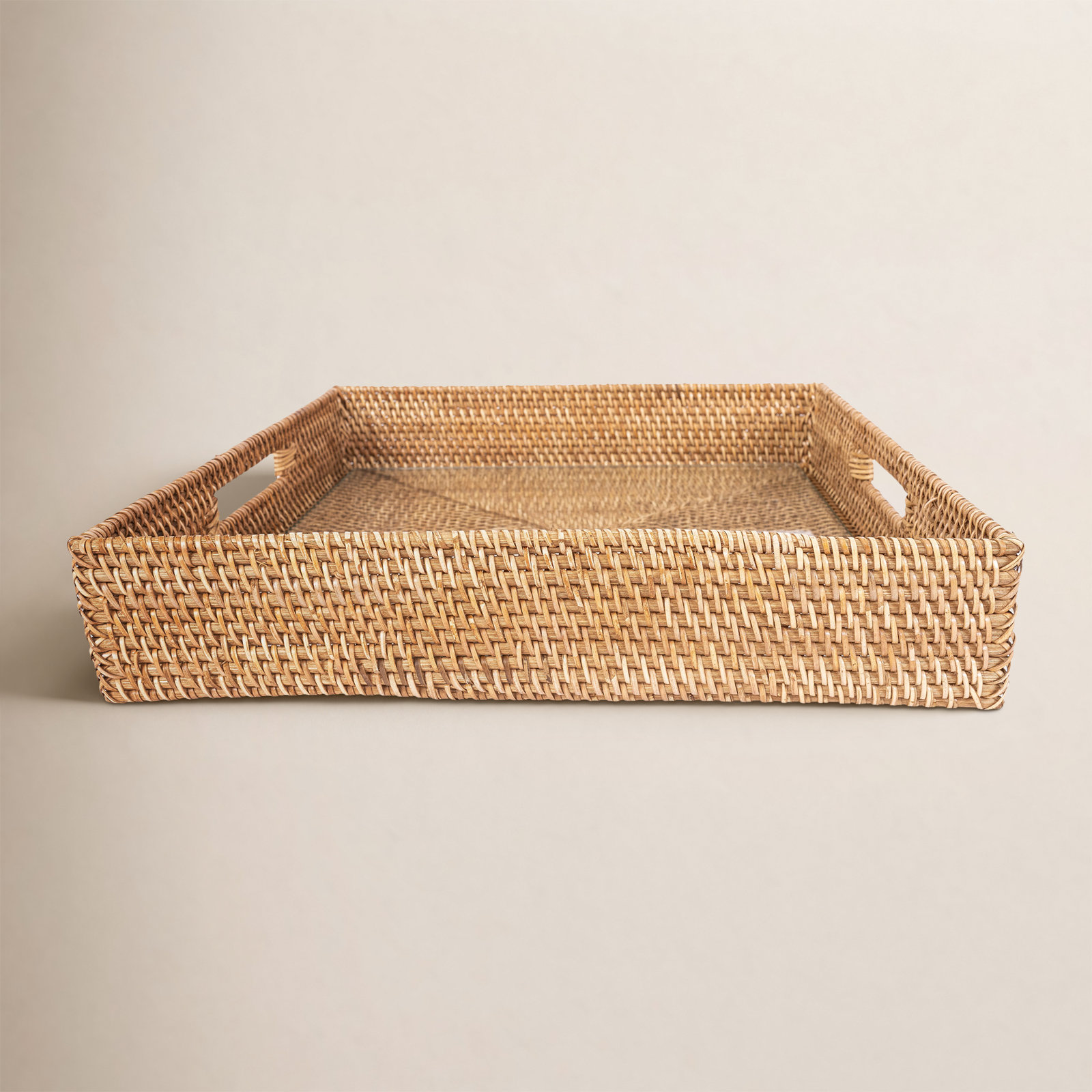 Serving Ottoman Trays With Glass Insert, Honey Brown, 20"W x 20"D x 3"H