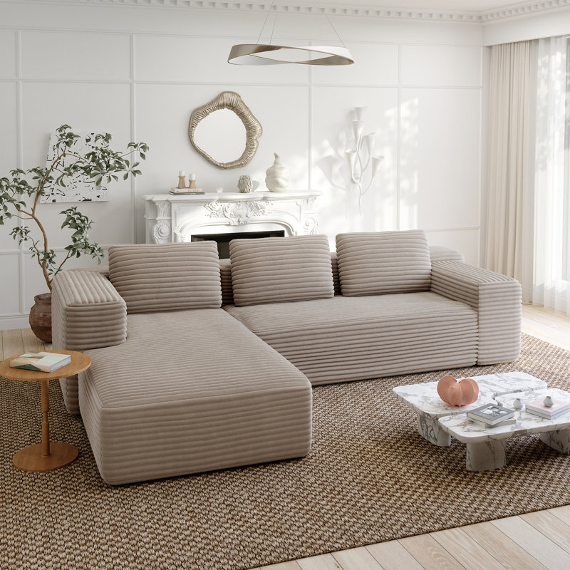 Upholstere Boneless Sectional Couch, 2-Piece Corduroy Sofa, Compression Cloud Modular L-Shape Chaise Modern Minimalist Comfy Sleeper Sofa for Living Room, No Assembly Required