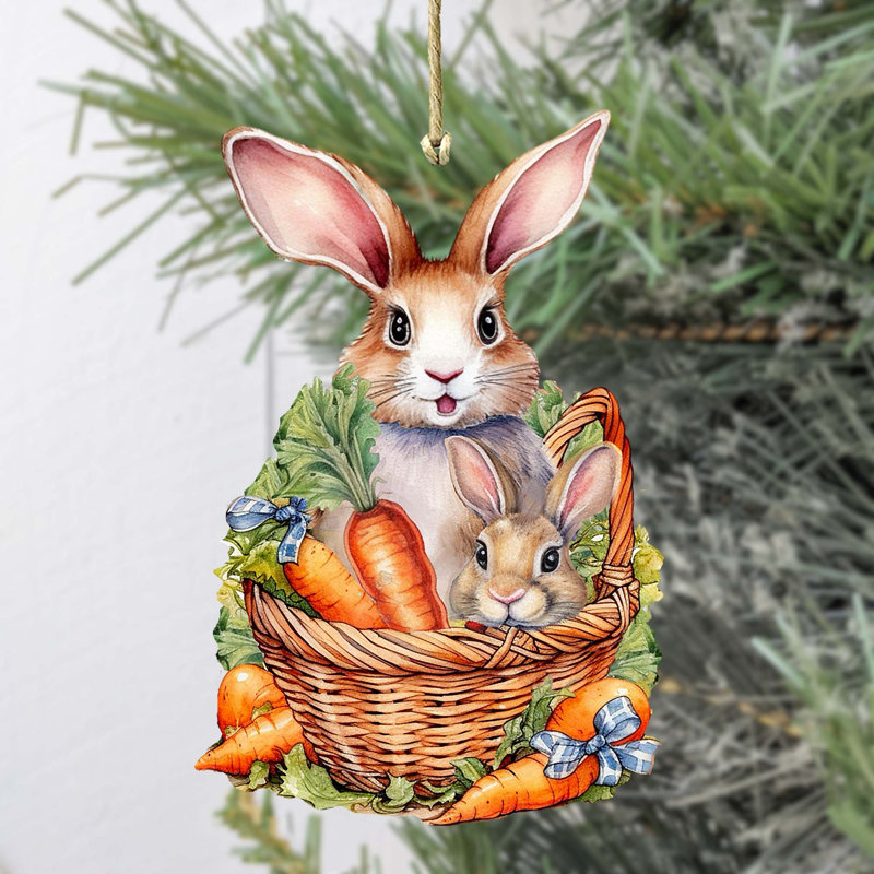 Easter Bunnies With Carrots Wooden Ornaments By G. Debrekht