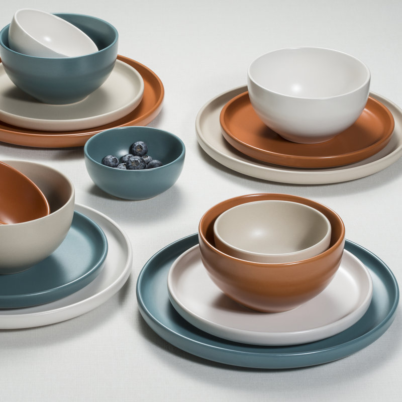 Sango Rollo 16-Piece Artist's Blend Casual Stoneware Dinnerware Set - Service For 4,  White/Orange/Blue
