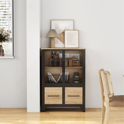 Storage Cabinet With 4 Iron Doors,Black Metal Handle,Sideboard With Adjustable Shelf,Black Sturdy Metal Frame and Metal Legs,Easy Assemble,For Living Room,Kitchen,Black+Natural