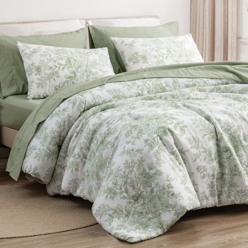 Wonderful Floral Lightweight Comforter Bedding Set 7 Pieces, King Comforter + 6 Additional Pieces, Sage