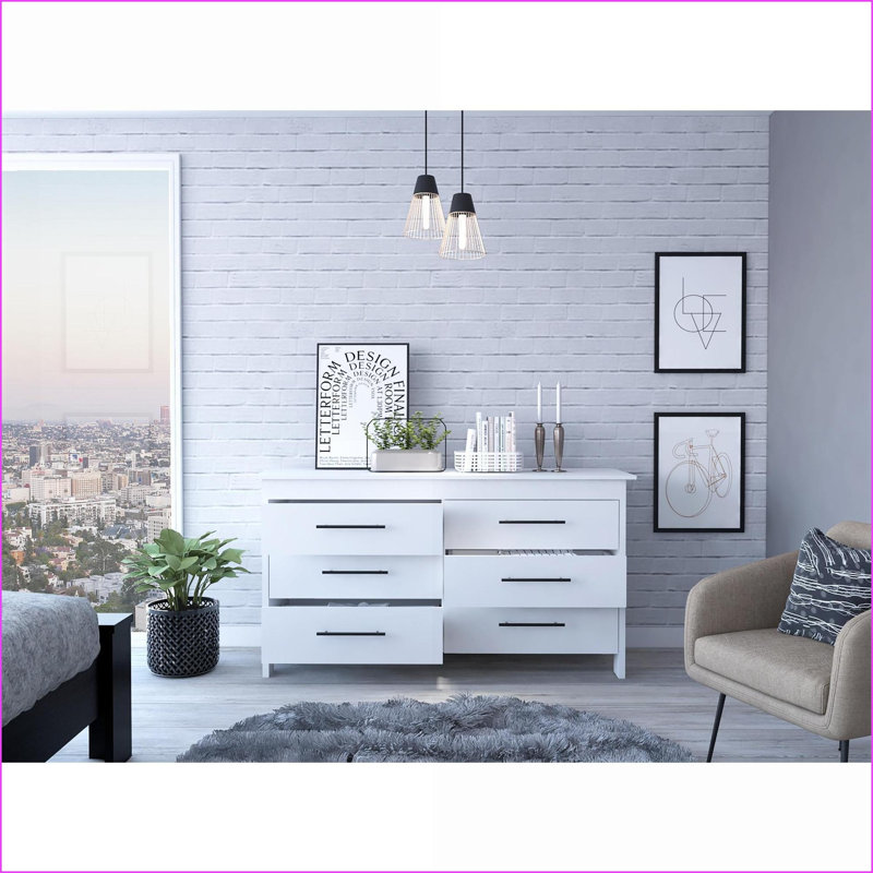 Commode double à 6 tiroirs avec poignées en métal noir, toutes les glissières en métal, H 31,7 po | Blanc | Panneau de particules