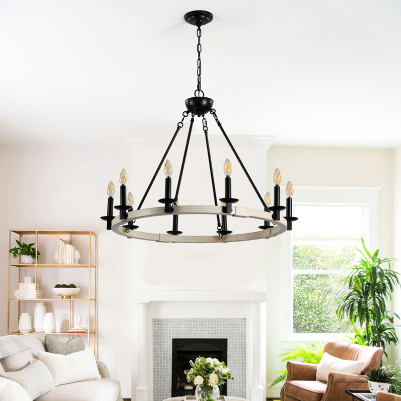 Luminaire suspendu rétro en métal noir et bois à 10 lumières, hauteur réglable pour la salle à manger, la cuisine, les espaces de vie, culot d'ampoule E12 sans ampoules, chêne blanc mat clignotant rustique, salle à manger, vacillement