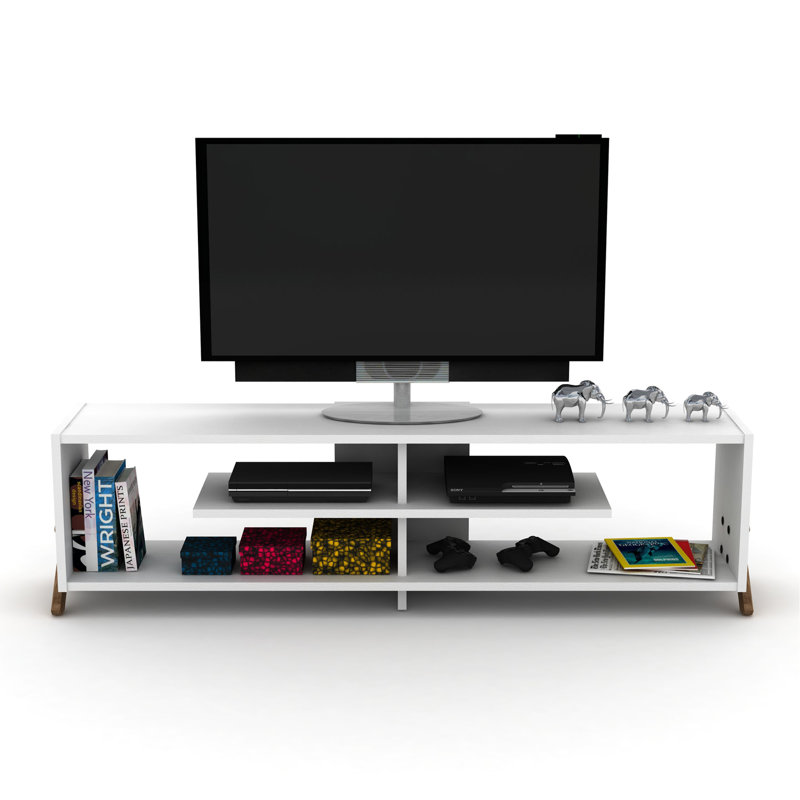 Furnishome Store Mid Century Modern Tv Stand 4 Shelves Open Storage Wood Legs Entertainment Centre 57 Inch Low Tv Unit, Walnut/White