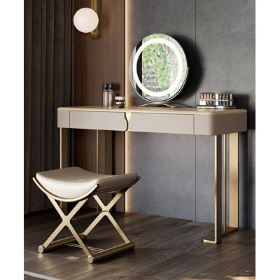 Modern Multi Layer Solid Wood Vanity Table Oak Wood Grain Top With Matching Padded Stool