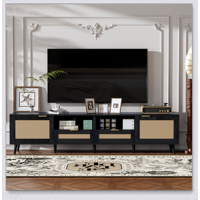 Rattan TV Stand for TVs up to 85 Inches, Modern Farmhouse Media Console with Solid Wood Legs, Entertainment Center for Living Room and Home Theatre