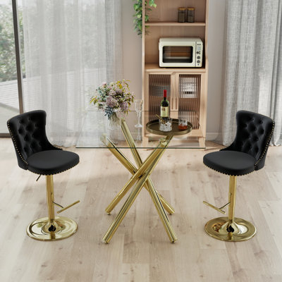 Modern 3/5-Piece Bar Table Set with Tempered Glass Top and Sturdy Metal Base, Velvet Swivel Bar Stools with Adjustable Height, for the Kitchen, Dining Room, and Entertainment Areas