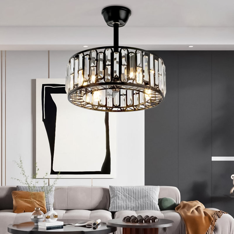18" 3-Speed Remote Control Ceiling Fan with Light & Timer, Black Crystal Drum Fandelier for Dining Room, Living Room