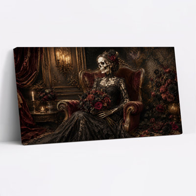 Dame squelette en robe de dentelle noire tenant une toile rouge d'Halloween