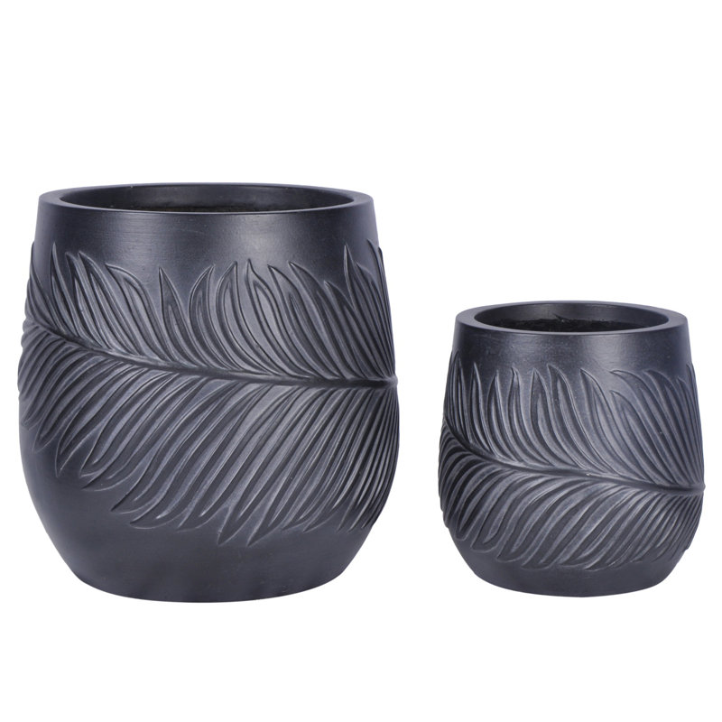 Leaf Embossed Concrete Effect Round Planter, Frostproof Outdoor Plant Pot, Black Round Garden Planter with Drainage Holes