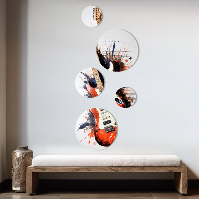 «Red Fluid Brown», guitare, sérénade, ensemble d'art mural rond musical de 5