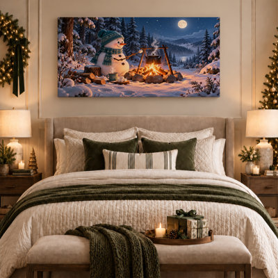 «Snowman Roast Marshmallows» par Campfire, art mural sur toile de Noël