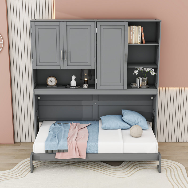 Lit escamotable simple avec armoire supérieure, tablettes, ports USB et lumière, Gris