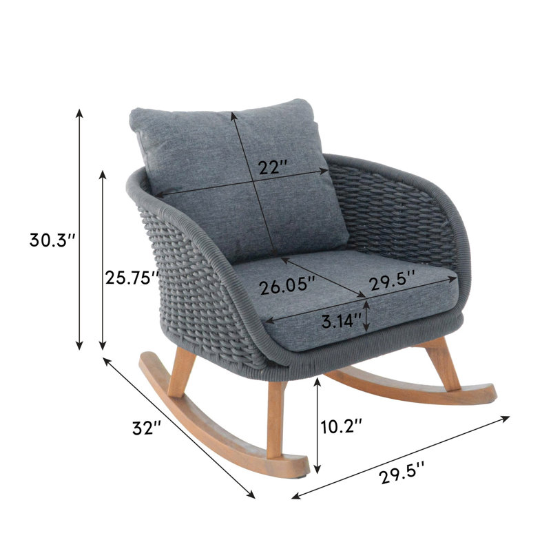 Chaise berçante contemporaine en osier gris 29,5 "avec tissu imperméable et structure en bois massif