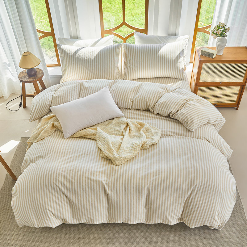XINMIANFANG Striped Duvet Cover Set 100% Washed Cotton Linen Like Textured Bedding Set 3 Pcs Comforter Cover for All Seasons
